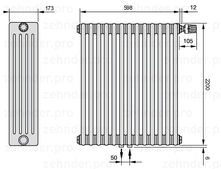 Схема (чертеж) Радиатор Zehnder Charleston 5220/13 №V008 Белый глянцевый RAL 9016